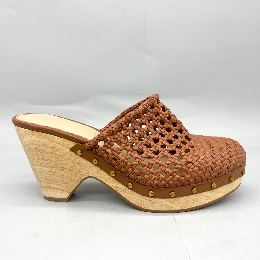 Veronica Beard Womens 7M Hardie Woven Leather Brown Wood Heel Platform Clog Mule